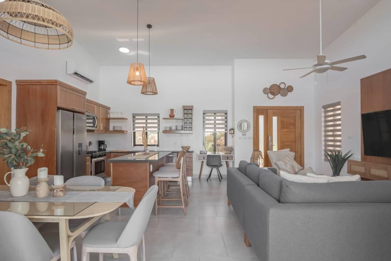 Kitchen and living area inside a Casa Linda villa, Sosúa