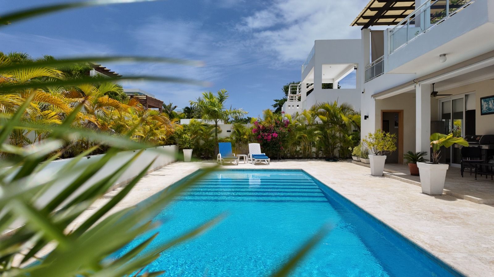 Poolside terrace at a North Coast villa, surrounded by tropical palms
